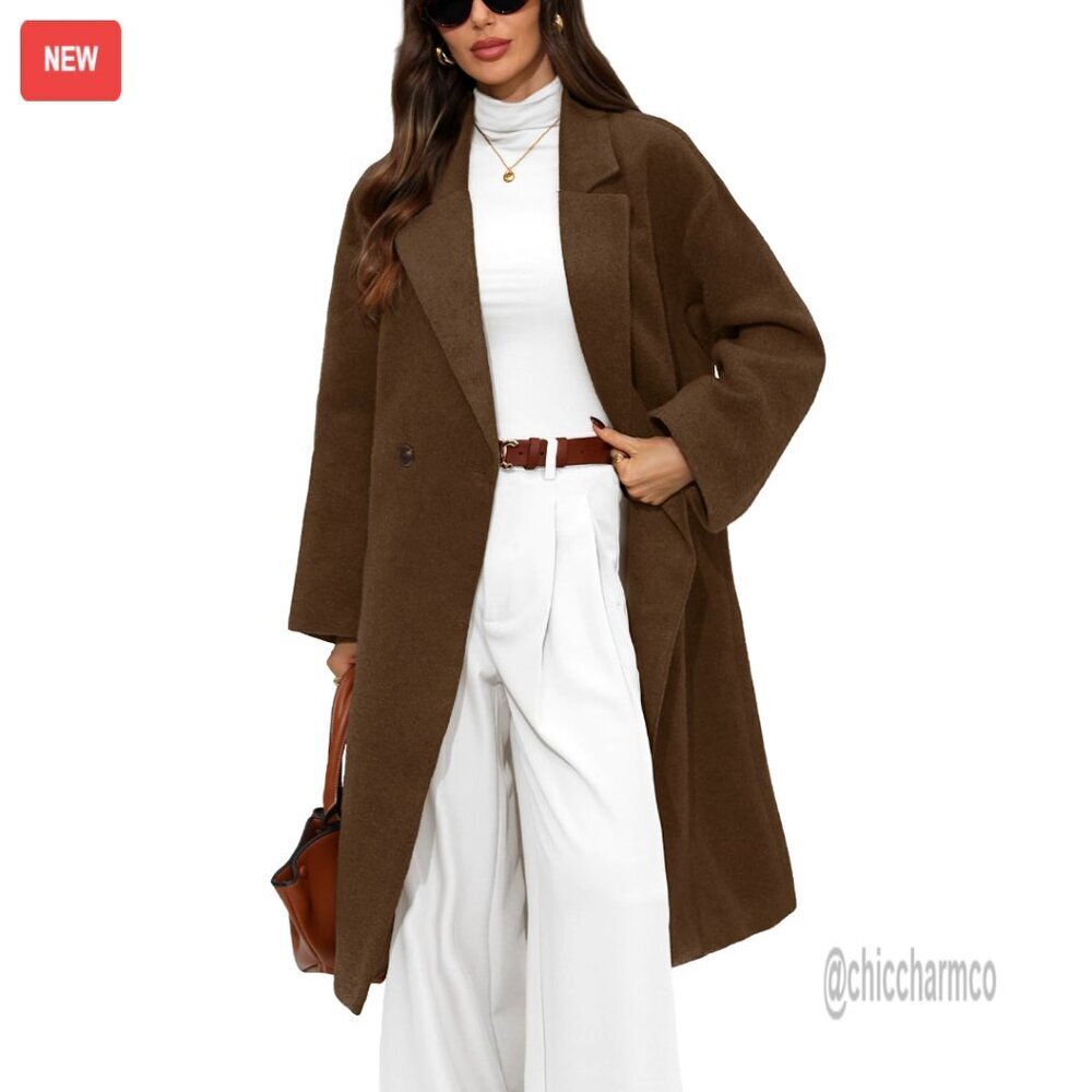 Wool Blend Peacoat with Notch Lapel and Side Pockets, Knee-Length Winter Coat